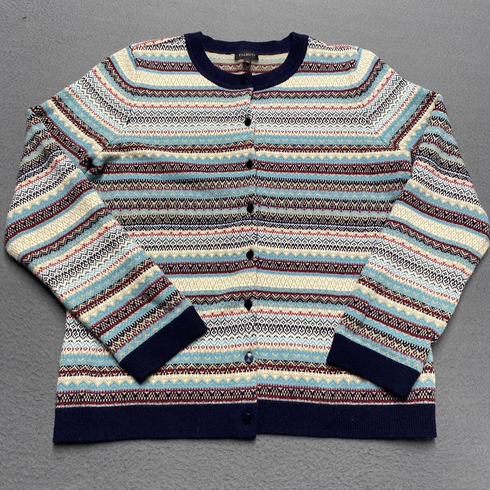 Talbots Sweater Cardigan Womens Medium Multicolor Fair Isle‎ Crew Neck Button